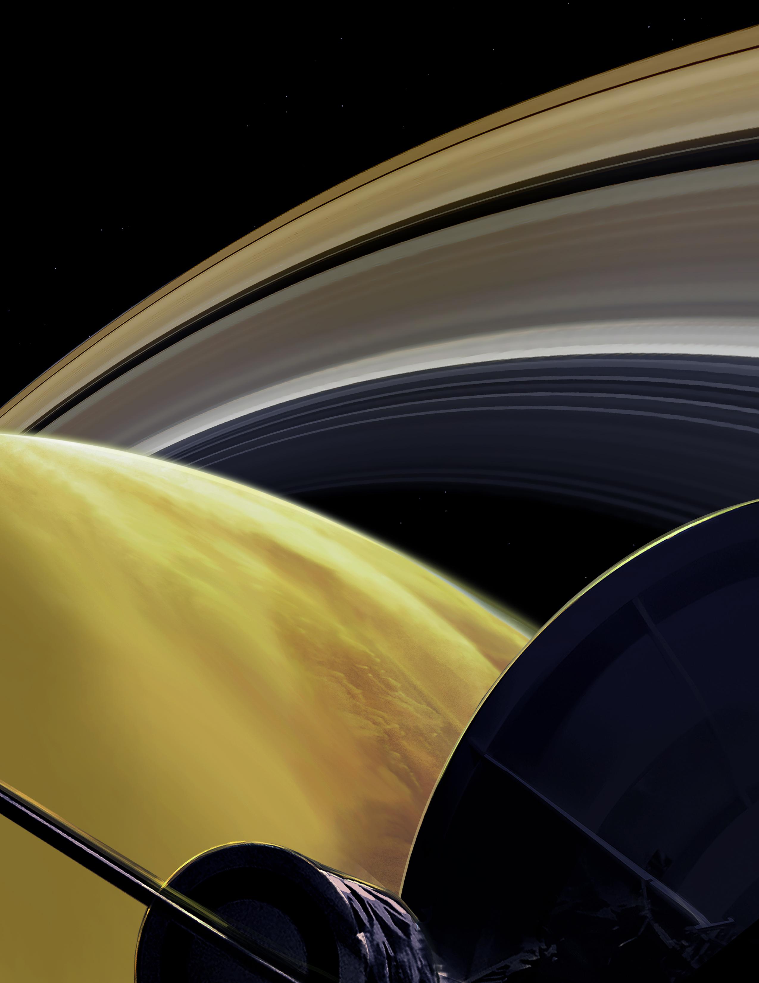 An illustration by NASA of Cassini's fatal plunge into Saturn's surface.